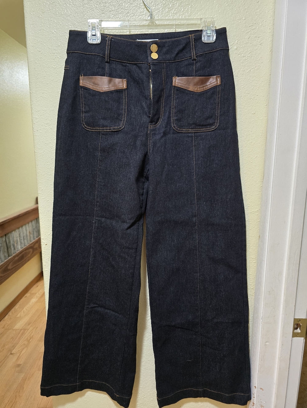 Women's Dark Blue Denim Jeans with Brown Pleather Accent Pockets
